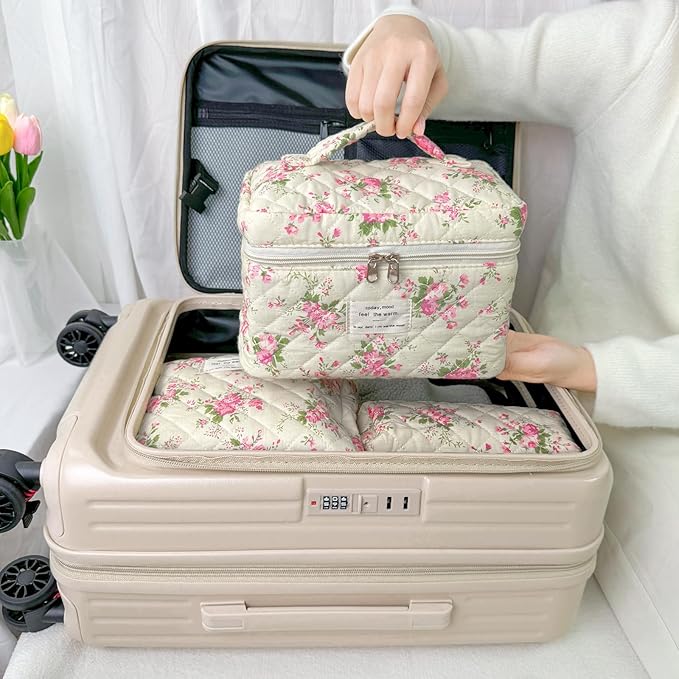 3Pcs Cotton Quilted Makeup Bag for Women Girls, Large Floral Cosmetic Bag Set Cute Makeup Brushes Aesthetic Accessories Storage Bag Pink Flower Travel Toiletry Bag Organizer