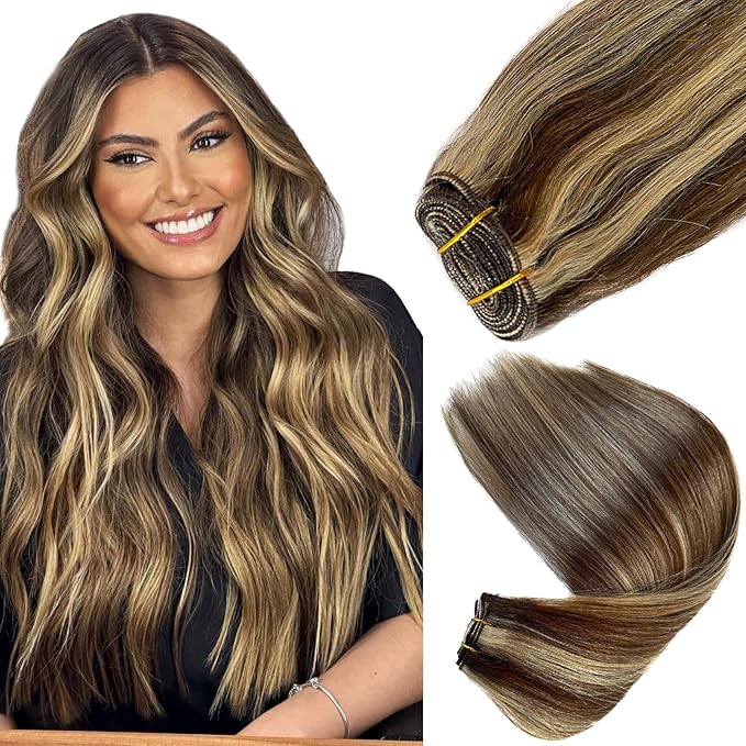 Ubetta Real Human Hair Extensions, 14Inch 80G Weft, Chocolate Brown Balayage Blonde Highlights, Hand Tied Weft Hair Weave Bundles