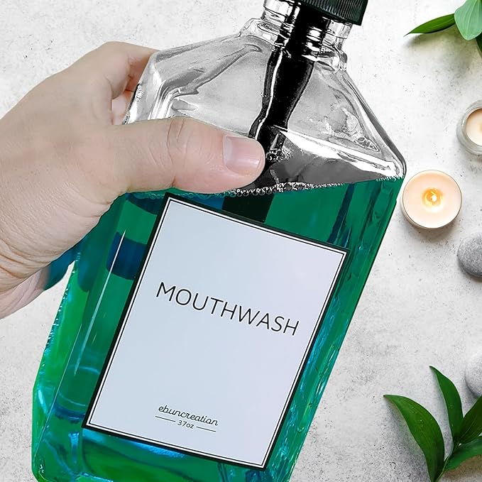 eBun 37oz Glass Mouthwash Dispenser for Bathroom, Mouthwash Dispenser Pump, Mouth Wash Container with Reusable Cup, Mouth Wash Bottle, Countertop Kitchen Sink Dish Liquid Soap Holder Set (Black)