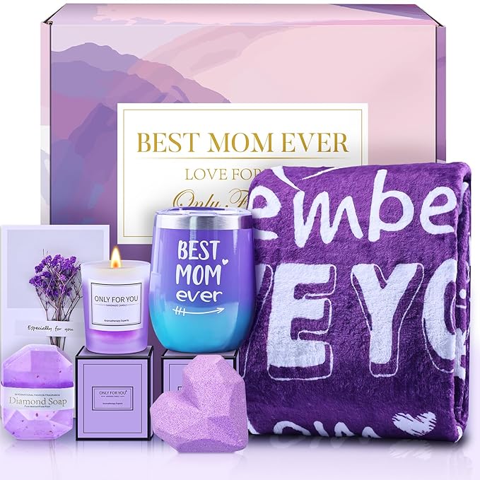 Mothers Day Gifts for Mom, Birthday Mothers Day Basket for Mom from Daughter Son, Relaxing Spa Gifts Set with Luxury Flannel Purple Blanket, Great Birthday Mother's Day Ideas for Women Wife Her