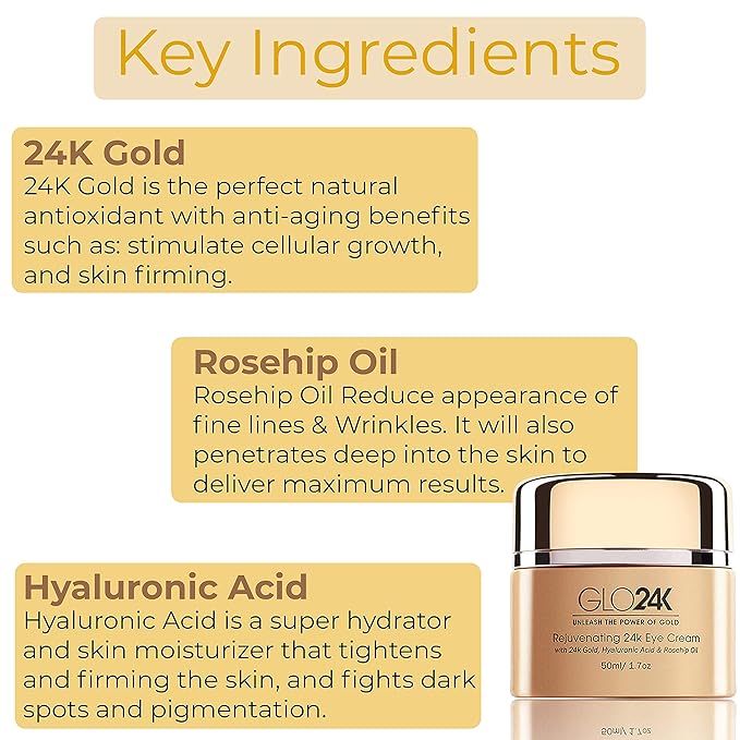 GLO24K Rejuvenating 24k Eye Cream and Serum With 24k Gold, Hyaluronic Acid, Vitamins A,C,E