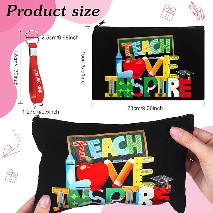 Capoda 56 Pcs Teacher Appreciation Gifts in Bulk 28 Inspirational Flax Cosmetic Bags for Women 28 Motivational Quote Keychains Thank You Gifts for Teacher's Day Graduation Back to School (Black)