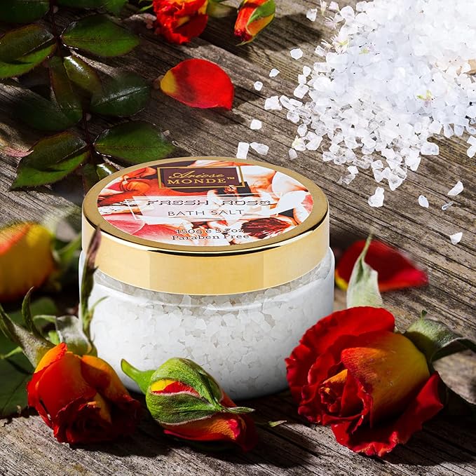 Fresh Rose Scented Spa Gift Set for Him & Her, 10-Piece Collection with Shower Gel, Bubble Bath, Body Lotion, Scrub, Salt, Bombs, Puff, Oil