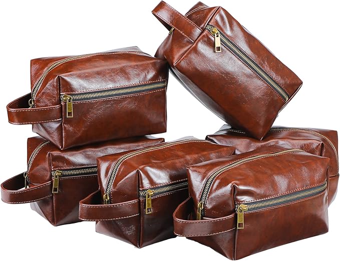 Hillban Groomsmen Gifts Set of 6 Groomsmen Toiletry Bag Leather Water Resistant Men's Travel Shaving Kit Bathroom Bag for Wedding Favor, Best Man Proposal Gifts(Dark Brown)