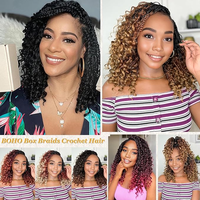 14 Inch Goddess Box Braids Crochet Hair Curly Ends 9 Packs Pre Looped Boho Crochet Box Braids Bohemian Box Braid Crochet Hair For Black Women (14Inch 9Packs,1B/30/27)