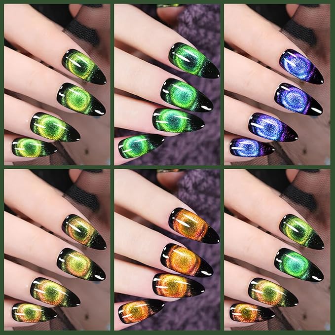 MIZHSE 9D Cat Eye Gel Nail Polish, Magnetic Gel Polish Set 10 ml 6 Colors with 2 Magnets, Chameleon Magic Galaxy Effect Nail Polish, Yellow Brown Fall Colors Soak Off Nail Art Gift for Ladies