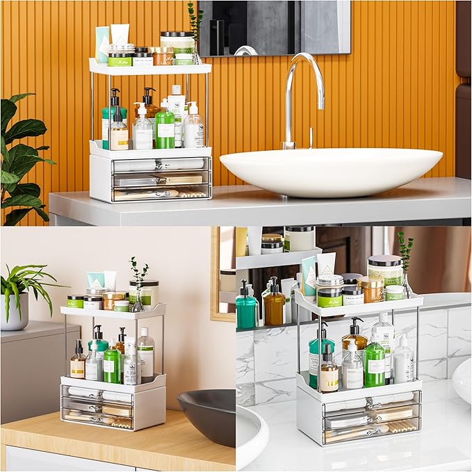 2 Tier 3-Drawer Bathroom Counter Storage Organizer - Stackable Design - 14.4" Tall Large Beauty Product Organizer Suitable as Makeup,Beauty,Face Product,Lotion,Skincare Organizer,White