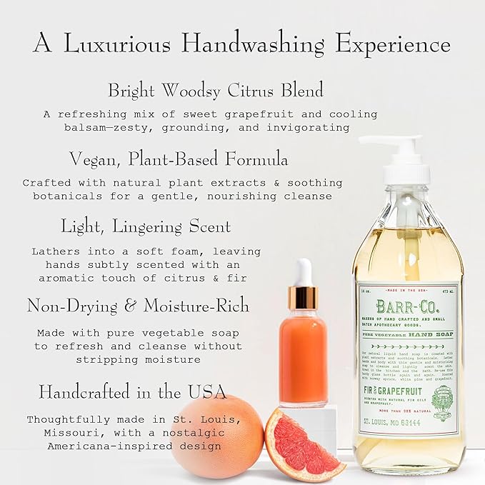 BARR-CO. Natural Hand Soap, Vegan Liquid Soap for Bathroom & Kitchen, Moisturizing Fir & Grapefruit 16 fl oz