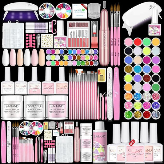 SAVILAND Acrylic Nail Kit with Nail Drill: Nails Kit Acrylic Set Professional Acrylic with Everything U V Light Nail Art Brush Glitter Nail Powder Nail Stuff for Home DIY Salon Use Christmas Gift Set