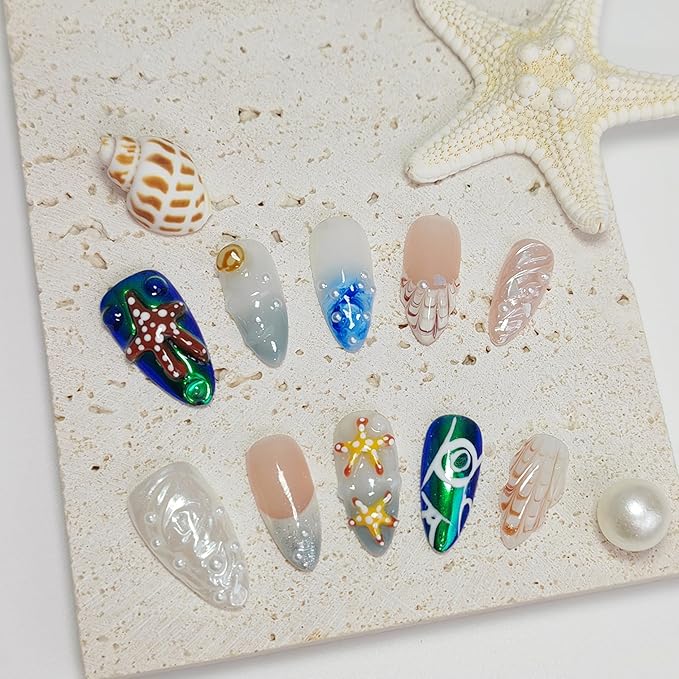 Almond Press on Nails Handmade Medium Long/Stiletto 3D Flower Fake Nail with Designs, Women Reusable False Nails (Ocean Starfish, L)