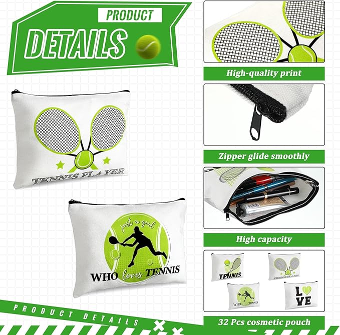 Sadnyy 32 Pcs Tennis Gifts Makeup Bag Zipper Portable Storage Cosmetics Case Inspirational Cosmetic Bags Travel Pouches Tennis Accessories for Women Lovers Players Coach Friend Sister