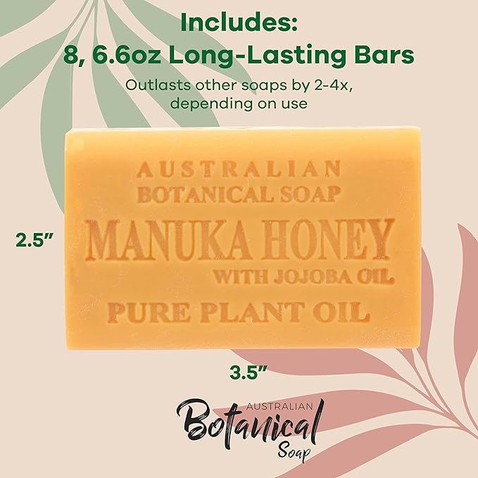 Australian Botanical Soap, 6.6 OZ, Manuka Honey and Jojoba Oil, Triple Milled Bars made with a Natural Soap Base and Enriched with Organic Shea Butter, Pack of 8