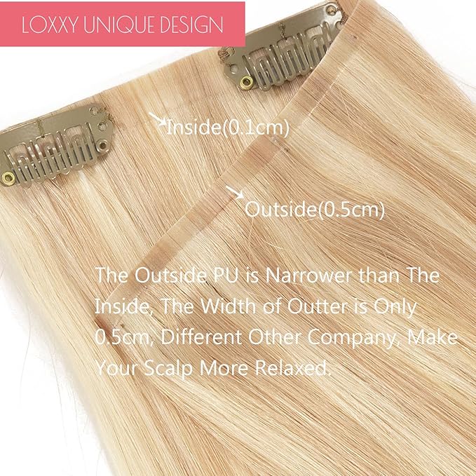Loxxy Seamless Extensions Clip in Human Hair 16inch Seamless Clip in Hair Extensions Real Human Hair Pu Weft Blonde Hair Clip Extensions for Women Golden Brown Mixed Platinum Blonde 12/60A 110g 7pcs