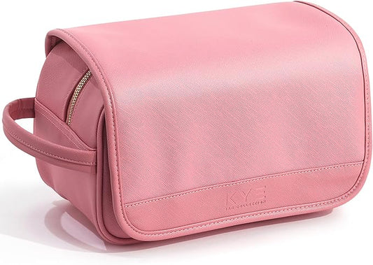 Leather Travel Toiletry Bag for Men with Removable Cover and Hanging Hook - Dopp Kit for men - Makeup Bag Organizer for Women for all your Travel Essentials (PINK)
