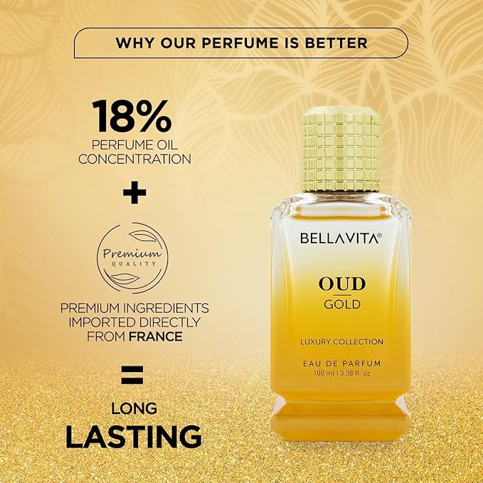 BellaVita Luxury OUD Gold Eau De Parfum (100ml) Unisex | Aromatic Arabian Perfume | Infused with Sweet Caramel, Orris, Rose, Jasmine | Arabic Gold OUD Perfume for Women & Men