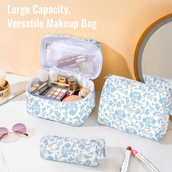 3Pcs Cotton Quilted Makeup Bag for Women Girls, Large Floral Cosmetic Bag Set Cute Makeup Brushes Aesthetic Accessories Storage Bag Travel Toiletry Bag Organizer, Little Flower Blue