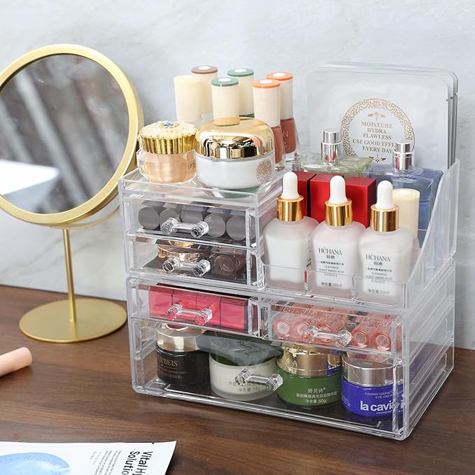 Cq acrylic Clear Make up Organizers and Storage for Vanity,2 Pcak Cute Skincare Organizer and Cosmetic Storage Organizer for Jewelry,Lipstick,Beauty,Skin Care Bathroom Counter Organizer With 5 Drawers
