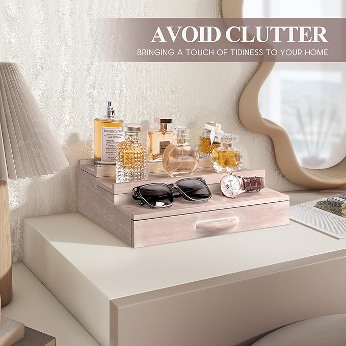 EOSAHR Decorative Cologne Organizer with Storage Drawer - 3 Tier Cologne Holder with Hidden Compartment - Perfume Stand Organizer for Dresser and Room Decor (Natural)