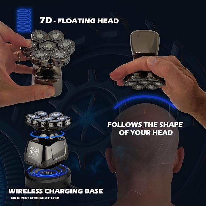 Head Shaver for Bald Men 7D – Smooth Electric Razor, Waterproof, Ergonomic Grip, Fast Charging, 120-Min Battery, Grooming Kit with Beard & Nose Trimmer for Face & Skull