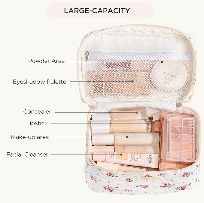 HBselect 2Pcs Travel Makeup Bag, Large Cotton Quilted Makeup Bag Cosmetic Bag Cute Make up Bag Toiletry Bags for Women Girls