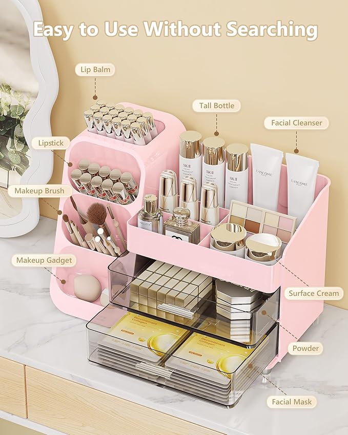 Makeup Organizer with Drawers, Skincare Organizer (Large Size Thick), Storage Box Cosmetic Display Cases, Make up Organizers for Vanity, Dresser, Desk, Kitchen, Countertop (Pink)