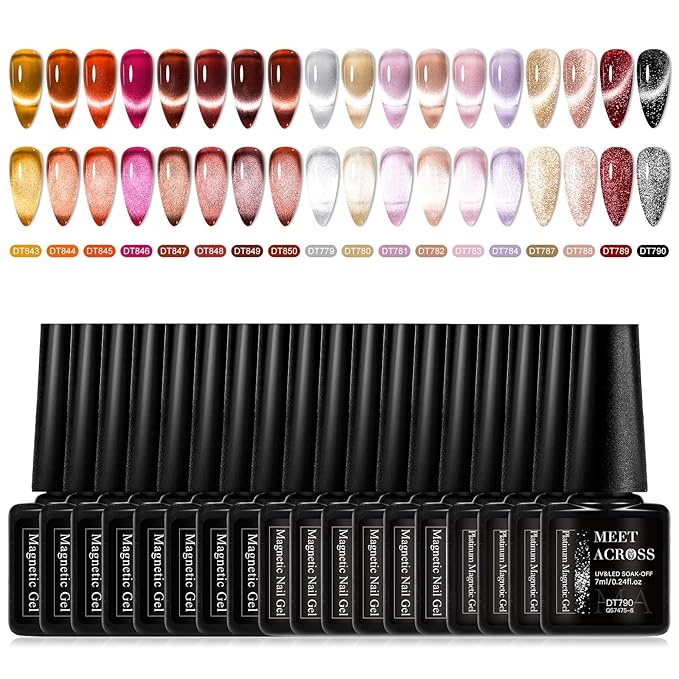 MEET ACROSS Brown Cat Eye Gel Nail Polish Set 18PCS Glitter Gel Polish Kit Gold Gel Amber Caramel Shimmer Nail Polish Kit Reflective Fall Translucent Cateye Gel Polish Salon DIY Gifts