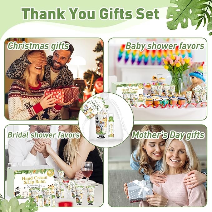 50 Pack Bulk Hand Cream and Bulk Lip Balm Gifts Sets, Baby Shower Favors and Bridal Shower Favors for Guests with Thank You Card and Organza Gift Bags, Birthday Gifts, Appreciation Gifts (Animal)
