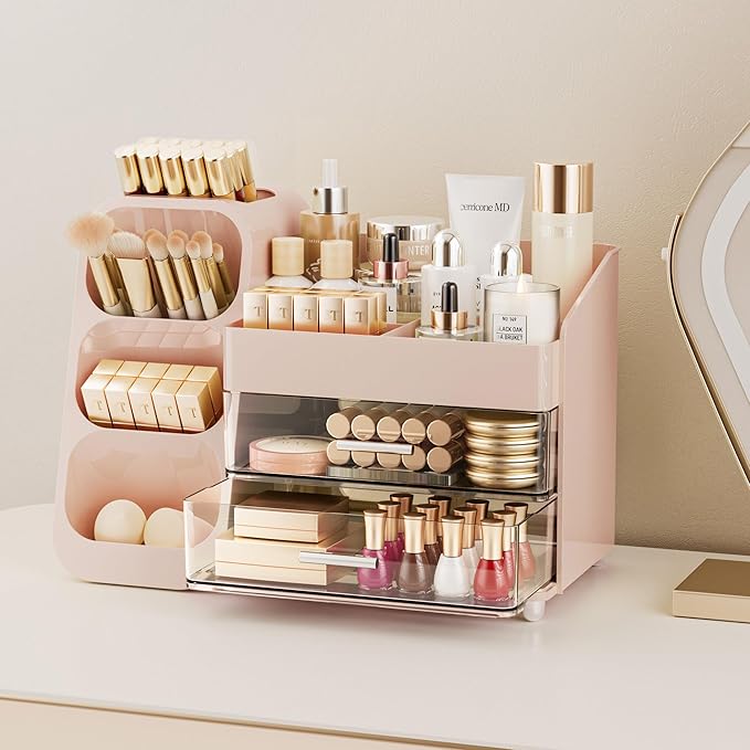 Delamu Makeup Organizer with Drawers for Vanity, Spacious Cosmetic Display Case with Makeup Brush Holder, Perfect Vanity Bathroom Organizer and Storage Solution for Skincare & Beauty Essentials, Pink