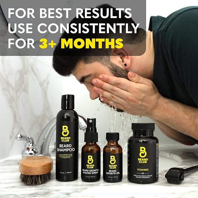 Beard Club Advanced Beard Growth Kit - Derma Roller, Growth Oil, Vitamins and Vitamin Spray, Shampoo and Boar Bristle Brush - Gift Set - Cedar
