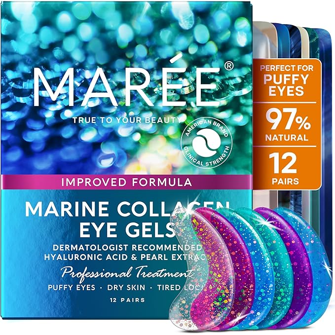 MAREE Eye Gels - Under Eye Patches for Puffy Eyes and Dark Circles with Natural Marine Collagen & Hyaluronic Acid - Anti-Aging Masks for Face to Soothe Puffiness - Undereye Mask Patches