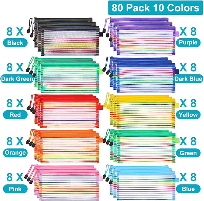 80 Pcs Mesh Zipper Pouch Bulk Multicolor Pencil Storage Pouch Multipurpose Mesh Cosmetics Bags Toiletry Makeup Bags for Office Travel Organization(Elegant Color)