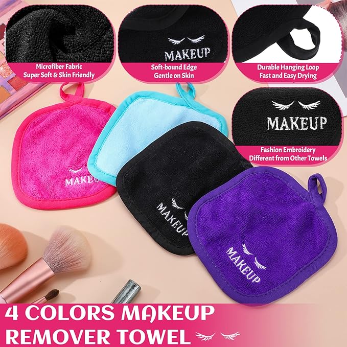 Queekay 48 Pcs Makeup Remover Cloths Reusable Washable Remover Pads Soft Microfiber Washcloths Facial Cloths Makeup Towels Holiday Gift for Women, 5 x 5 Inch(Black, Blue, Purple, Rose Red)