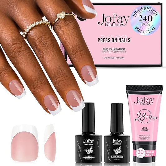 240Pcs French Gel Nail Tips, Brown Extra Short Square Pre-applied Tips, No File Fake Nails, Solid Gel Glue, 30g