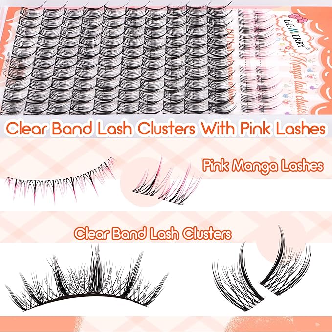 GEMERRY Lash Clusters with Pink Eyelash Clusters 2 Styles 8-12mm Cluster Eyelash Extensions Soft Comfortable Lash Extension Clusters DIY Cluster Lashes for Beginners