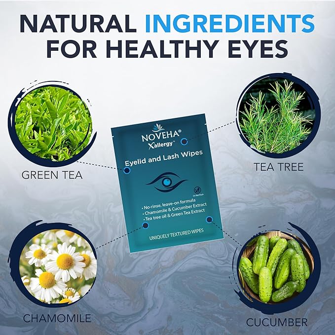 NOVEHA 60Pcs Allergy Relief Eyelid Wipes | Pre-moistened Hypoallergenic Eye Cleansing Pads, Reduce Itchiness, Redness & Discomfort Caused By Allergy, Clean, Soothe & Remove Debris (1 Pack)