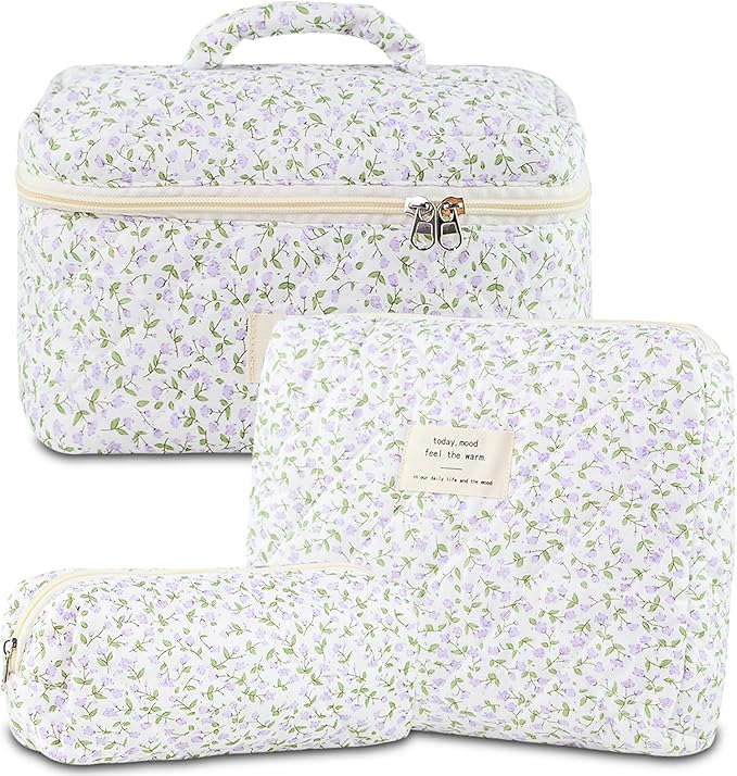 Makeup Bag, 3 PCS Quilted Makeup Bag, Cute Floral Cotton Cosmetic Bag set, Coquette Makeup Pouch Large Travel Toiletry Bag