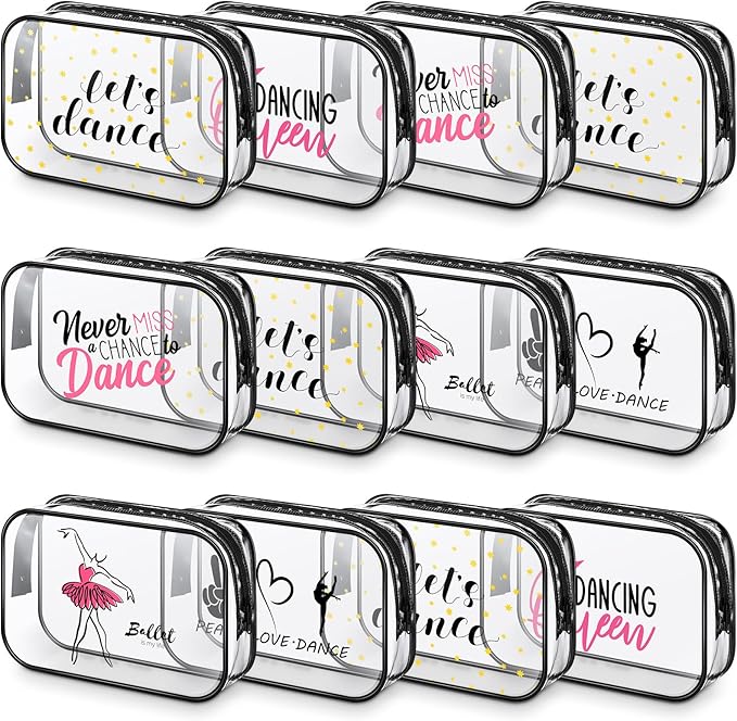 Abbylike 12 Pcs 7 x 4.7 x 2.4'' Cosmetic Bag Gifts Accessories for Makeup Bags Clear PVC Cheer Case Toiletry Zipper Pouch for Women Christmas Xmas (Dance Theme)
