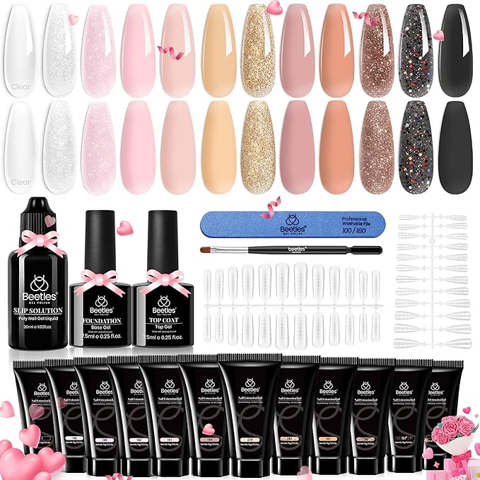 beetles Gel Polish 12 Colors Poly Nail Extension Kit Clear Jelly White Glitter Nude Pink Builder Manicure Enhancement Starter Set Need Cure UV Led Nail Lamp Balletcore Collection All-in-One Nail Art