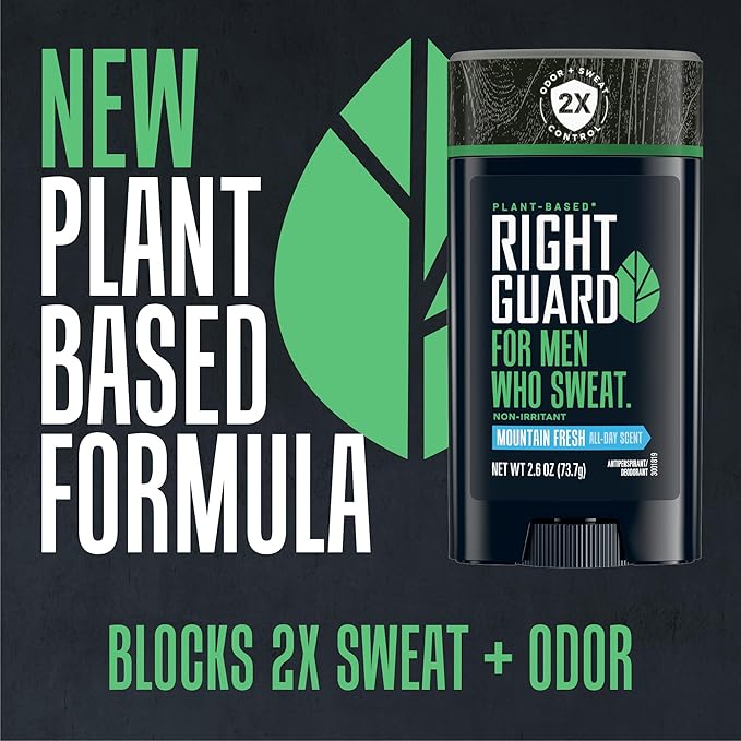 Right Guard Plant Based Invisible Solid Antiperspirant & Deodorant For Men with Sensitive Skin | Blocks Sweat 2X Longer | Made with Shea Butter & Marula Oil | Mountain Fresh Scent, 2.6 oz. (3 Pack)