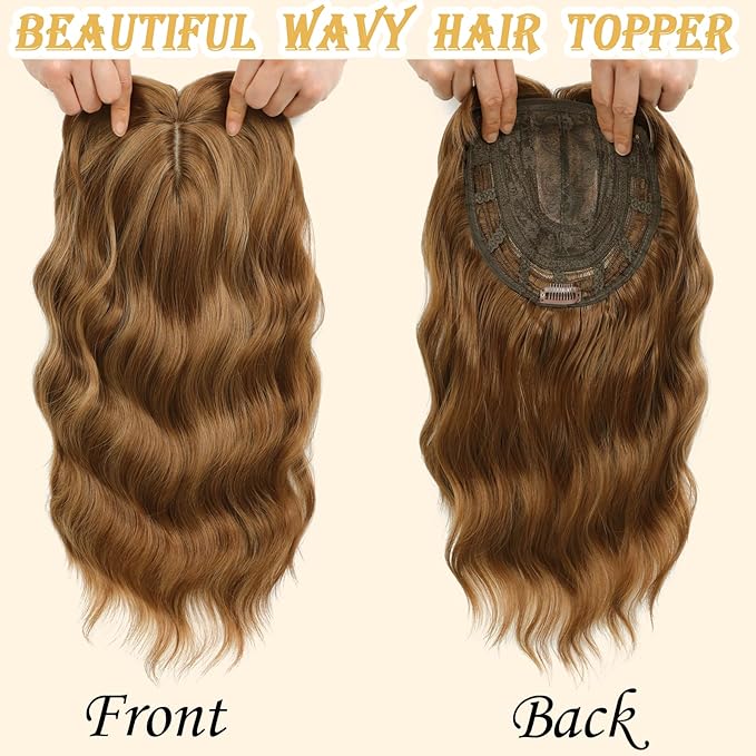 16 Inch Hair Toppers for Women with Thinning Hair, 360° 3D Realistic Toppers for Women Wispy Bangs Clip Synthetic Curly Wavy (H6-22)
