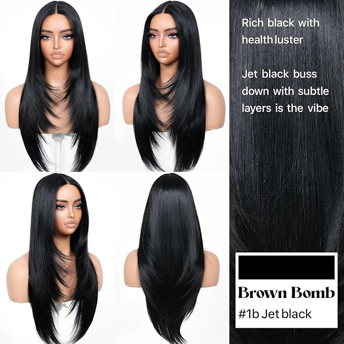 Black Wear and Go Glueless Wigs Pre Plucked Pre Cut for Beginners Long Layered Straight Synthetic Lace Front Wigs with bangs 26 Inch Natural 1B 3 Seconds to Wear for Beginners