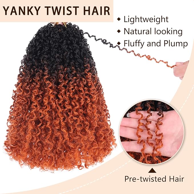 COOKOO 8 Inch Pre Twisted Ombre Yanky Twists Crochet Hair 8 Bundles/Lot Pre-looped Yanky Twists Hair with Curls Bohemian Spring Twist Crochet Hair Passion Twist Crochet Braiding Hair for Women 1B/24C#