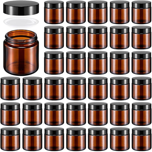 Norme 36 Pcs 4 oz Glass Jars with Lids Leakproof Round Airtight Empty Cosmetic Jars with Inner Liners Lid for Storing Lotions Powder Ointments Candle Making (Black,Amber)