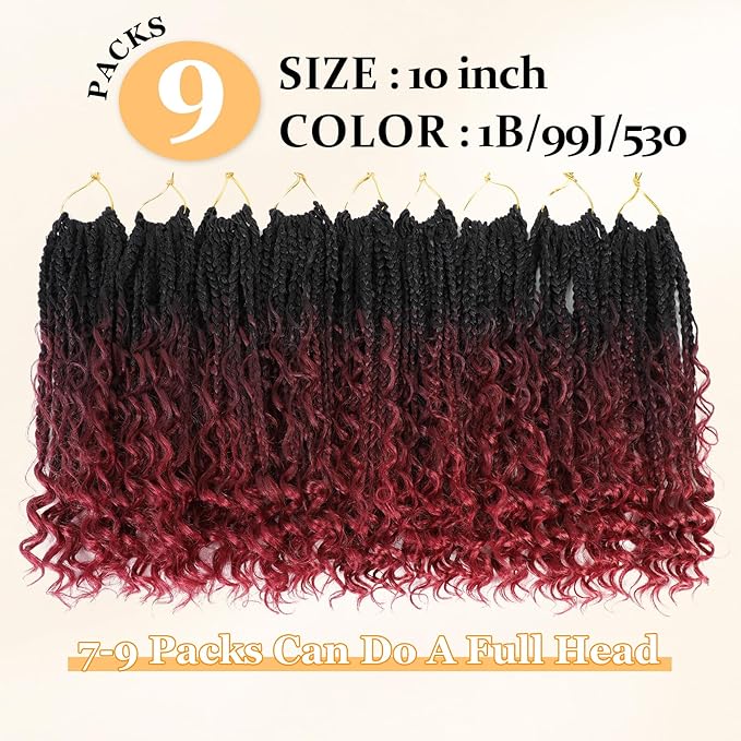 9 Packs Goddess Box Braids Crochet Hair Boho Crochet Box Braids With Curly Ends Crochet Hair For Black Women, 10 Inch Pre Looped Bohemian Crochet Box Braids Hair (10Inch 9 Packs,T99J530#)