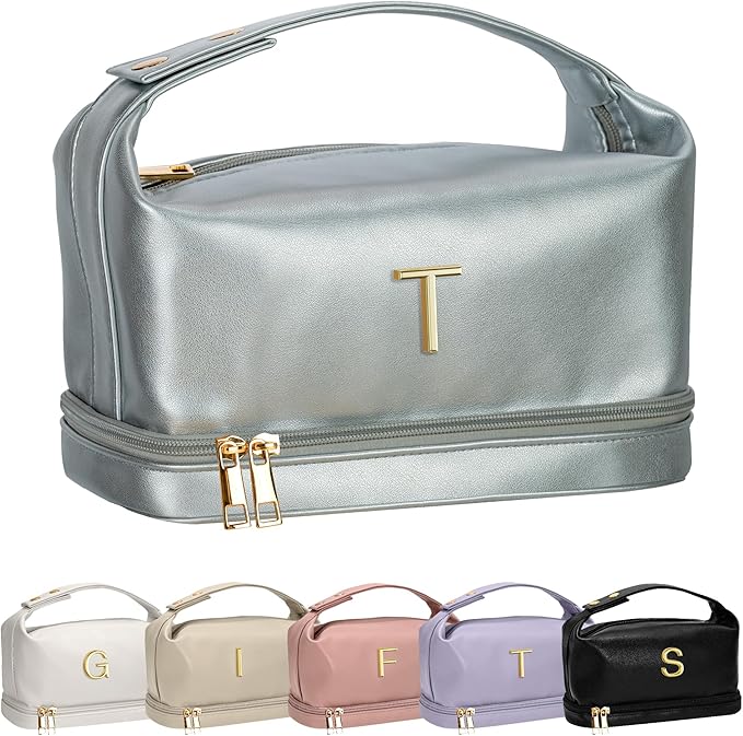 Monogram Gifts for Women, Personalized Makeup Bag with Handle, Initial Double Layer Cosmetic Bag with Makeup Brush Organizer, Cute Cosmetic Pouch for Women, Gifts for Friends Female Mom