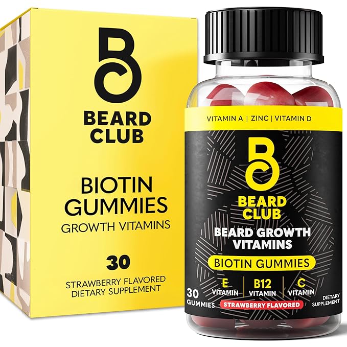 The Beard Club Biotin Beard Growth Vitamin Gummies - Beard and Hair Supplement for Men - Vitamins B12, E, & C to Support a Thicker Fuller Looking Beard - Mens Beard Care - Strawberry Gummy