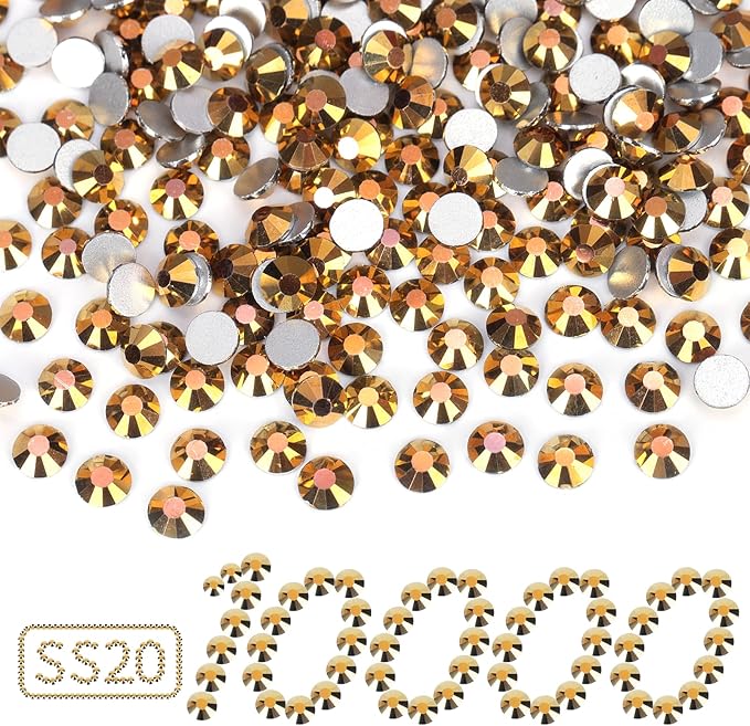 10000PCS Gold Rhinestones Bulk, Flat Back Crystal Glass Stone Round Gems,SS20, 4.6-4.8mm