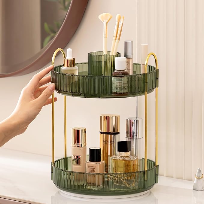 HBlife 360 Rotating Makeup Organizer, 2 Tier Perfume Organizer Skincare Organizer Large Capacity Cosmetic Storage for Bathroom, Vanity, Countertop, Green