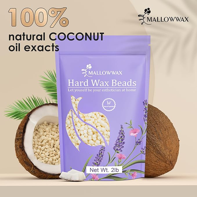Hard Wax Beads, 2LB Coconut Cream Wax for Sensitive Skin, Gentle Hair Removal for Face, Bikini, Legs & Brazilian, No Strips Needed & Easy to Use at Home