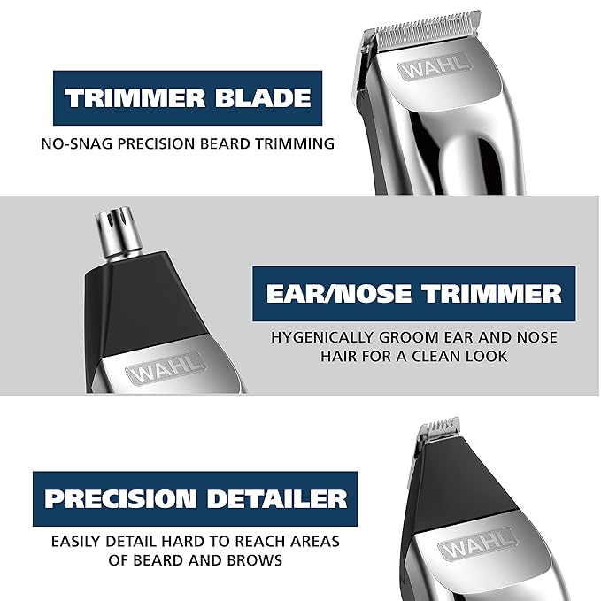Wahl USA Rechargeable Lithium Ion All in One Beard Trimmer for Men with Detail and Ear & Nose Hair Trimmer Attachment – Model 9854-600B